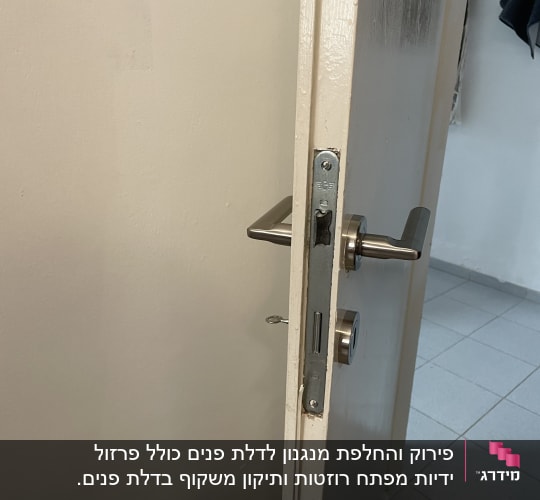 פירוק והחלפת מנגנון לדלת פנים כולל פרזול ידיות מפתח רוזטות ותיקון משקוף בדלת פנים.